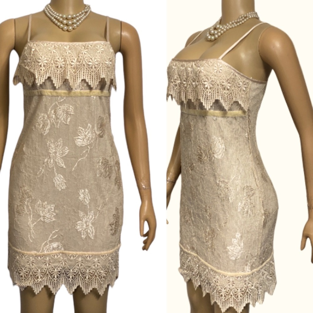 Vintage Sue Wong Gatsby Dress Floral Lace Lined champagne tan Embroidered size S